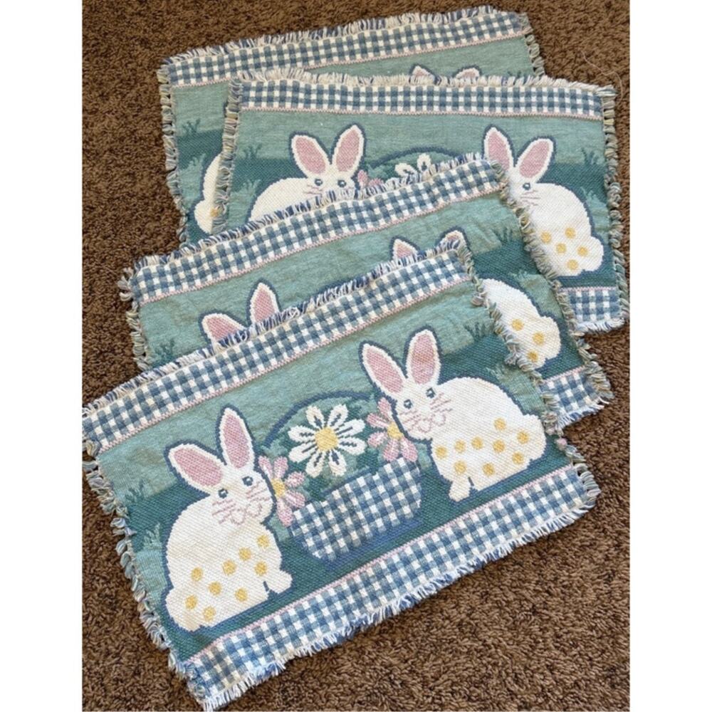 Vintage Easter Placemats Set Of 4 Blue Bunny Cottagecore Table Decor